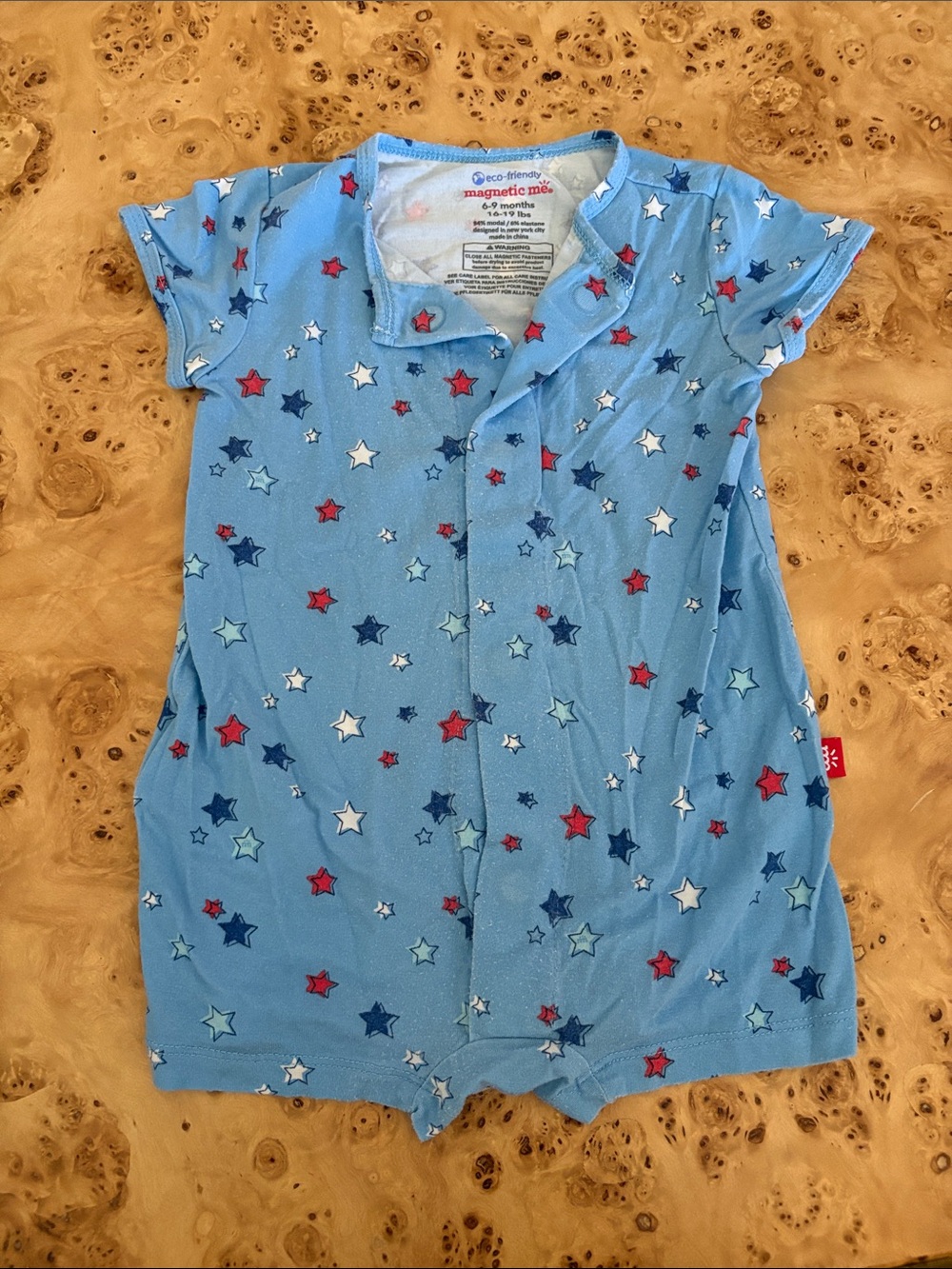 Magnetic Me Light Blue Star-Print Infant Romper, 6-9 mo